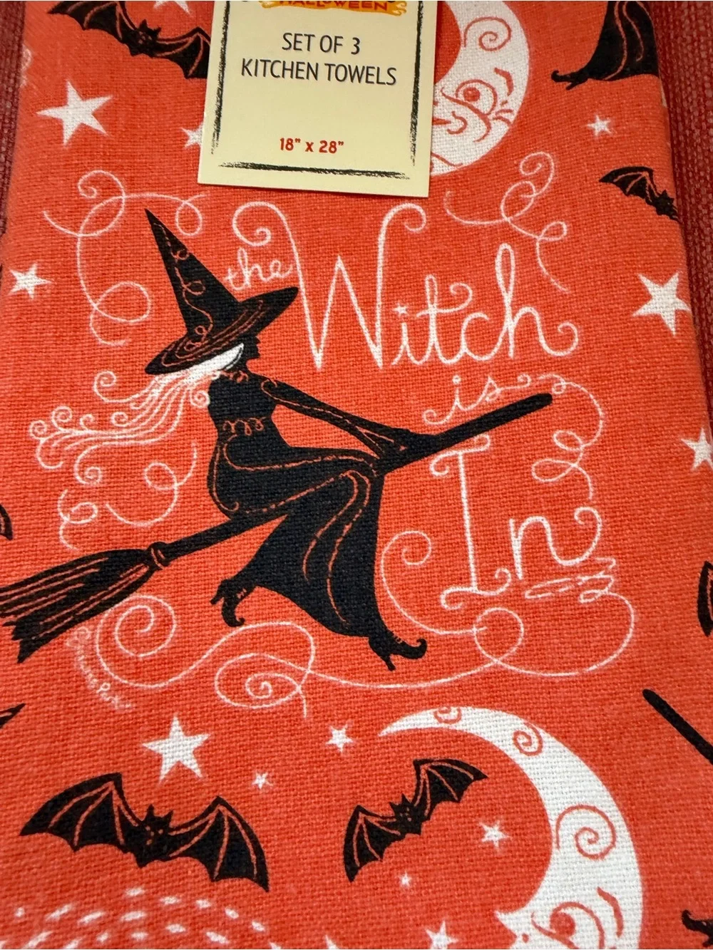 New Johanna Parker Halloween Set 3 Kitchen Bath Towels Witch is In Orange